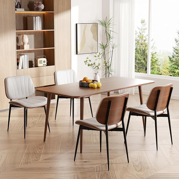 Dining Chairs Set of 8, Mid Century Modern Dining Room Chair, Upholstered Faux Leather Kitchen Chairs with Walnut Bentwood Back and Metal Legs for Kitchen Dining Room Living Room, White