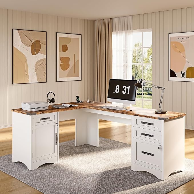 Decofy L Shaped Farmhouse Executive Desk with Drawers, 67" Home Office Desks with Fast Charging Station, Lockable File Cabinet, Wood Writing Computer Desk for Work, Study, White