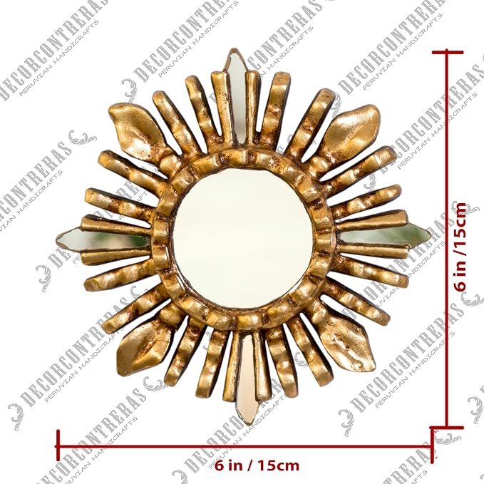 Small Peruvian Sunburst Mirror 6" | Hand-Carved Mohena Wood & Bronze Leaf | Vintage Gold Accent Wall Decor for Boho & Home Entryway (Gold)