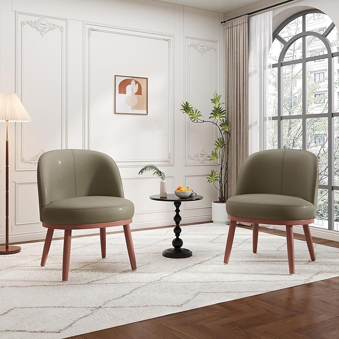Accent Chair Mid-Century Modern Chair PU Leather Upholstered Armless Chair Set of 2, Suitable for Living Room, Bedroom, Balcony,Olive Green