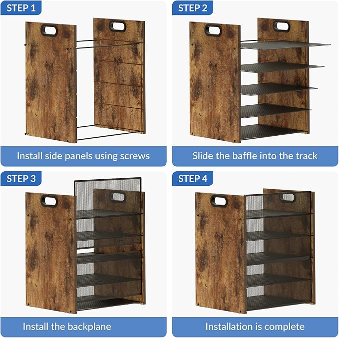 5 Tier Wood Paper Organizer for Desk, Metal Office Organizer and Accessories with Handle, Mesh File Holder for Desk, File Cabinets for Home Office, School