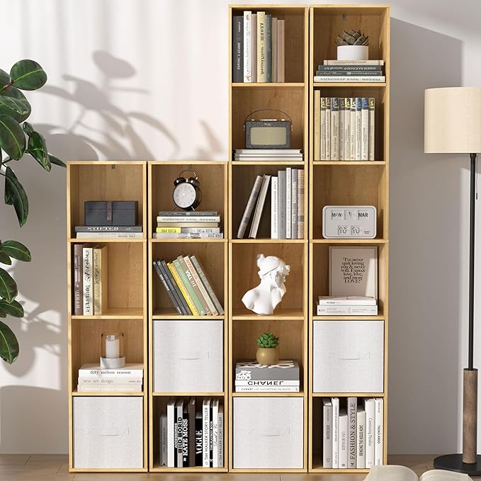 4 Cube Storage Organizer, 4 Tier Cube Low Bookcase Freestanding Storage Display Organizer, Four-Cubes Open Shelf Bookshelf for Home Office (Oak, 4-Cube)