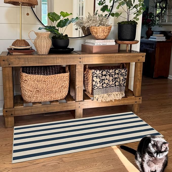 Front Door Mat Indoor Entrance - 2x4.3 Ft Blue and White Washable Doormat Outdoor Entrance Porch Rug Non-Skid Runner Rug for Kitchen Hallway Bedroom Laundry Room Porch Decor