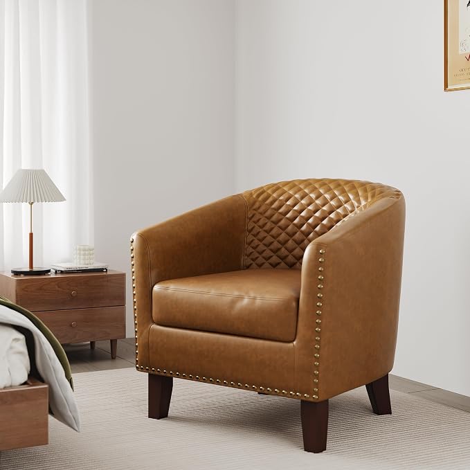 Accent Barrel Chair, Upholstered Faux Leather Club Chair with Nailed Trim, Comfy Reading Armchair for Living Room Bedroom Reception Room Office (Coffee, Set of 4)