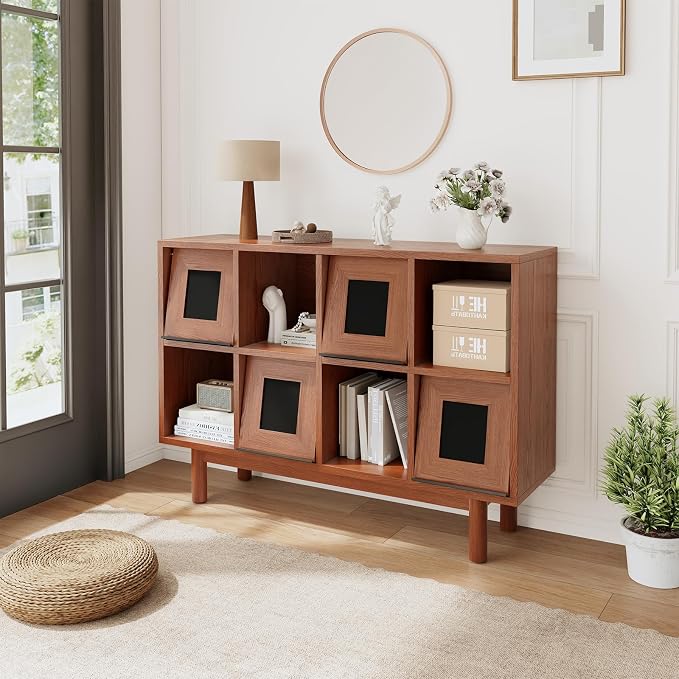 Solid Wood 8 Cube Storage Organizer, Horizontal Bookshelf with Storage, 2 Shelf Bookcase with Glass Doors TV Stand Bookshelf, Small Book Shelf for Kids Rooms, Bedroom, Living Room, Offices (47.2 Wide)