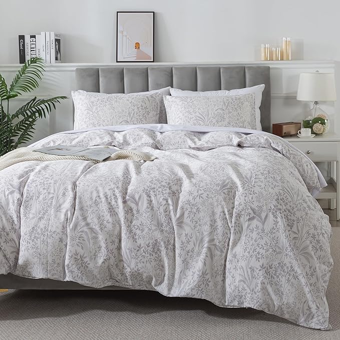 HoneiLife Cotton Duvet Cover Queen - Floral Comforter Cover 3-PC, Soft & Breathable Flower Bedding Duvet Cover Sets with Zipper Closure & Corner Ties, Wildflower Comforter Cover Sets, Plain Life