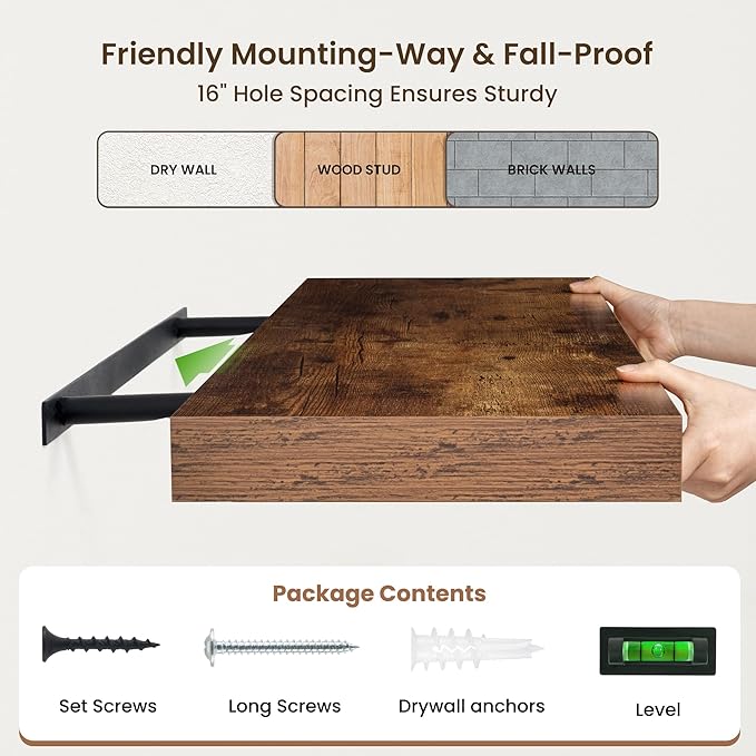 48 Inch Floating Shelves | 12 Inch Deep Floating Shelves Set of 1 | 48" W x 12" D Rustic Brown Wood Wall Shelves for Bathroom Living Room Kitchen Laundry Room