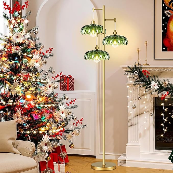 ZECOXOL Gold Floor Lamps for Living Room Bedroom-3 Light Glass Floor Lamp with Three Led Bulb,Mid Century Standing Lamp Vintage Brass Tall Lamp Tree Floor Lamp for Bedroom Corner