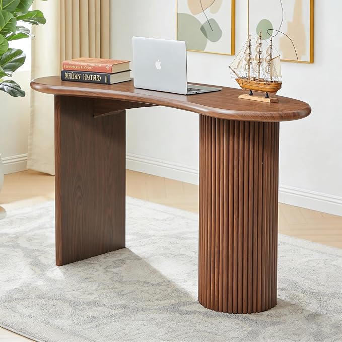 LEVNARY 54.3" Curved Small Computer Desk, Wooden Executive Desk with Sturdy Fluted Legs, Modern Luxury Corner Single Writing Vanity Desk for Bedroom Living Room Home Office (Walnut)