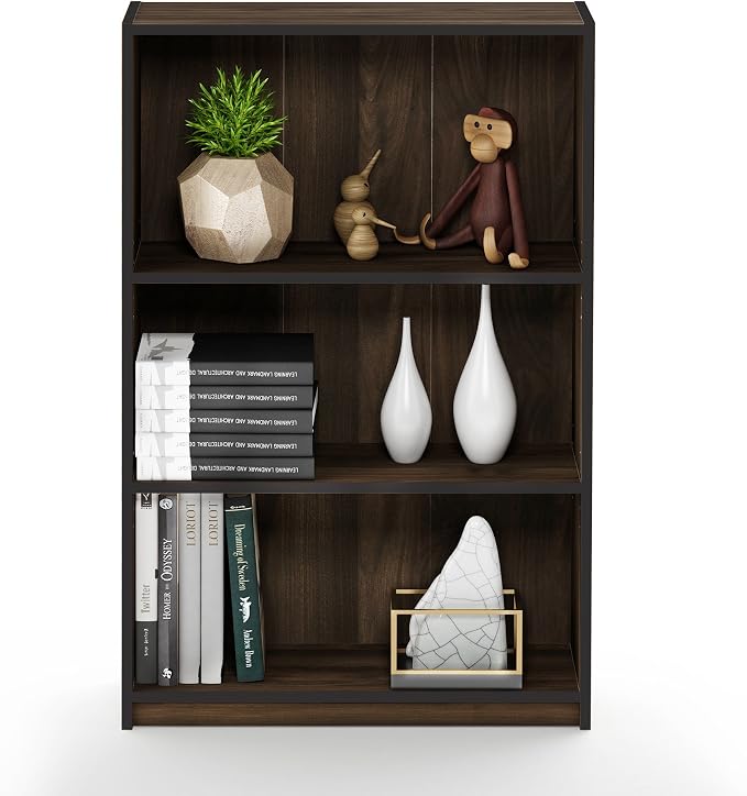 Furinno JAYA Book Shelf, 3-Tier Bookshelf, Bookcase with Adjustable Shelves, 9.5 x 24.5 x 40.3, for Organization and Storage, for Living Room, Bedroom, Home Office, Columbia Walnut