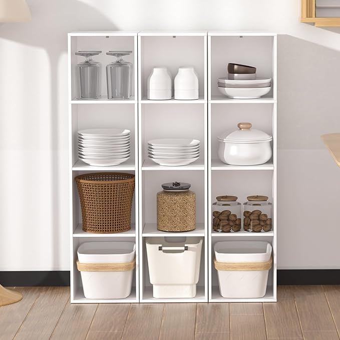 4 Cube Storage Organizer, 4 Tier Cube Low Bookcase Freestanding Storage Display Organizer, Four-Cubes Open Shelf Bookshelf for Home Office (White, 4-Cube)