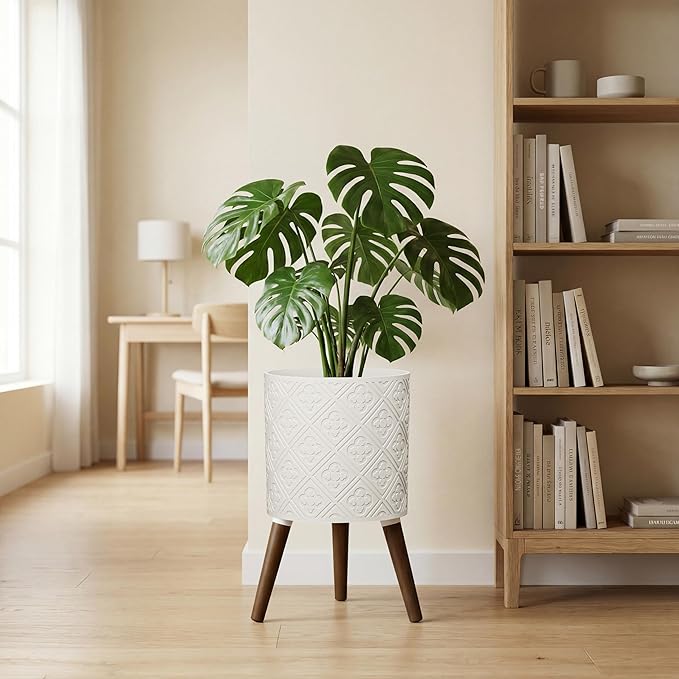 12 Inch Planter with Stand, Planter for Indoor Plants, Modern Large Flower Planter Pot with Drainage Holes for Outdoor,Matte White