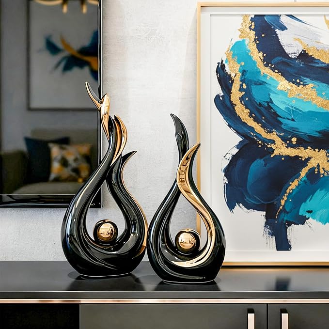 Black and Gold Abstract Ceramic Sculptures 2 Set,Modern Home Decor Dining Table Objects,Ceramic Art Statue for Coffee Table, Shelf, Dining Room, Kitchen, Tv Stand, Entryway Or Desktop Display