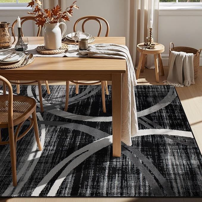 Rugshop Modern Wavy Circles Design Area Rug, Carpet with Jute Backing for Living Room, Dining Room, or Office, Black, 7'10" x 10'2"