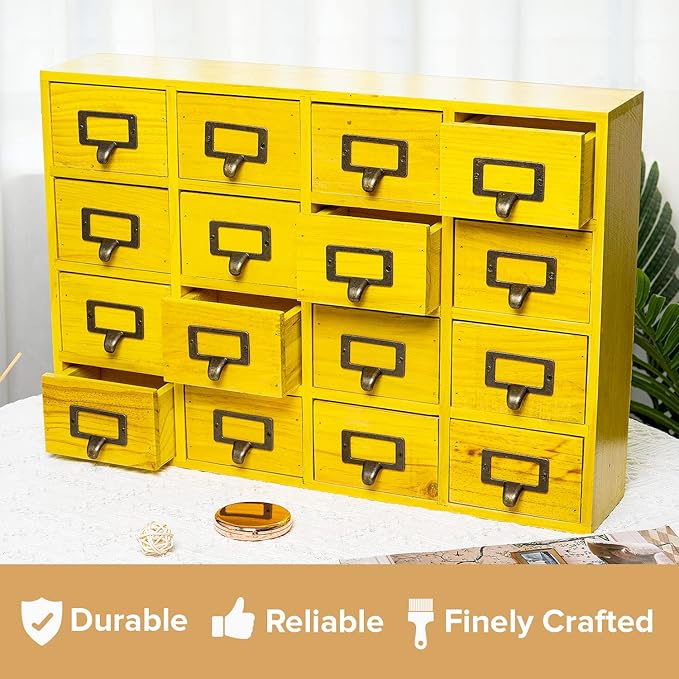 Yellow 16-Slot Wooden Drawer Unit - Country Style Desk Organizer - 20"x3.6”x14” Wooden Storage Box w/ 16 Drawers - Countertop Drawers w/Label Holder & Handle - Slim 4-Level Desk Organizer