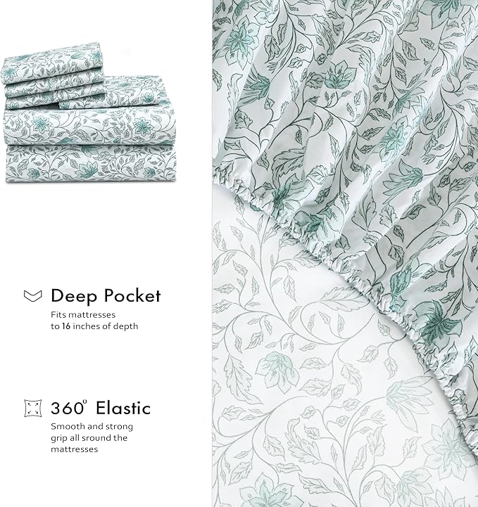 RUVANTI 100% Cotton Percale Sheets Twin XL Size 4 Piece Set, Cooling Bed Sheets for Hot Sleepers, Deep Pocket 16”, Breathable Lightweight & Durable, Crisp Hotel Style Sheets, Wildflower Nest