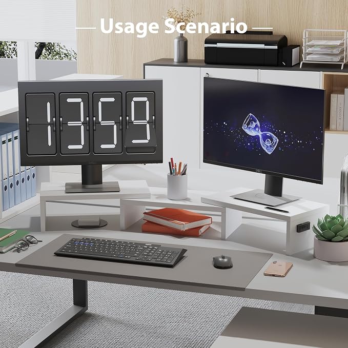 BONTEC Dual Monitor Stand Riser, Adjustable Length & Swivel Angle, Ergonomic Wooden Desktop Organizer with Smartphone Holder, Computer Monitor Stand for PC Monitor, Laptop, Printer, Large Storage