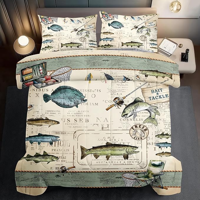 Fish Comforter Set Twin,Nautical Bedding Set Twin for Boy,Ocean Bedding Striped Quilt,Coastal Comforter Fishing Birthday Party Decorations,Nautical Quilt Fishing Decor for Kids and Adult