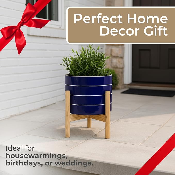 Striped Ceramic Planters with Wooden Stand for Home Decor Flower Pots for Entryway, Patio, Tabletop, and Garden - Colorful Decorative Pots for Indoor and Outdoor Plants - 9", Blue & Tan