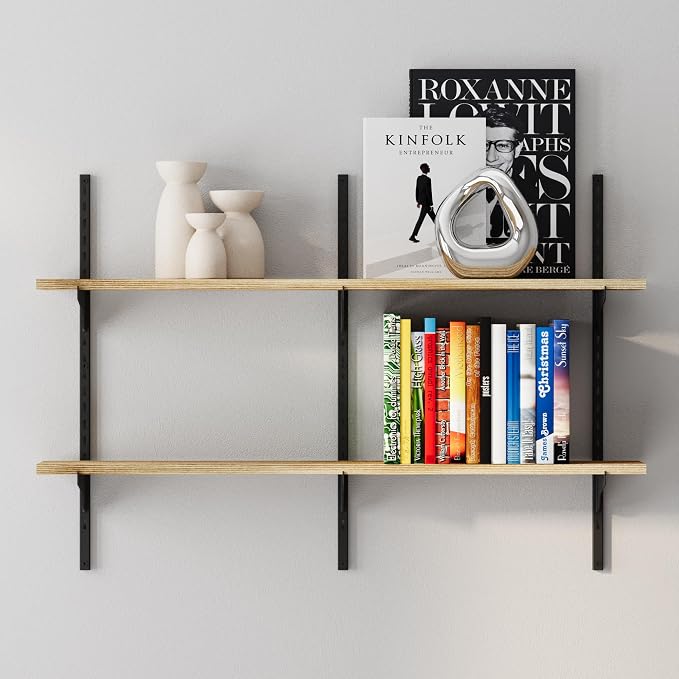 Wallniture Turin 36 inch Wooden Wall Shelf Unit, Height Adjustable Wall Shelves for Display, Storage, Organization and Decor, Kitchen Organizer Shelf, Floating Bookshelves for Living Room, 2 Tier