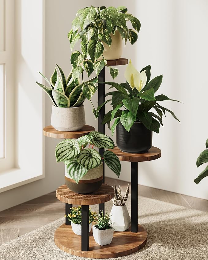 Bamworld 4 Tier Plant Stand Indoor Wood Plant Stand with Metal Frame Plant Table for Multiple Plants Tiered Plant Stands for Living Room Balcony Patio Bedroom Corner Plant Shelf Display Industrial-Style Modern Plant Stand Brown