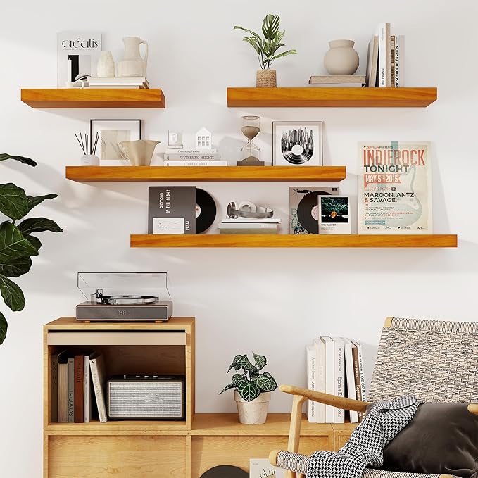 Fun Memories Floating Shelves, 9.3 Inch Deep Solid Pine Wood Wall Shelves for Storage, Rustic Wall Mounted Display Shelf with Invisible Heavy-Duty Metal Bracket, 55 Inch Width, Honey Oak