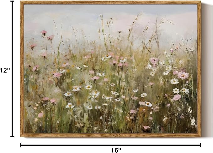 ARPEOTCY Vintage Framed Canvas Wall Art, Pink & White Daisies Landscape Wall Art for Living Room Office Bedroom, Retro Farmhouse Kitchen Bathroom Wall Art Decor(12x16 Inch)