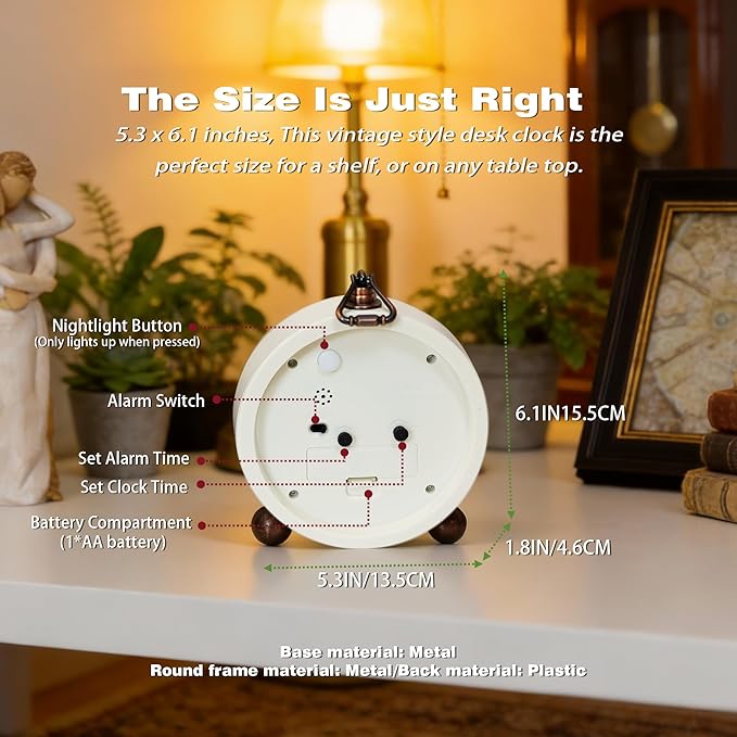 AYRELY® 5.3" Vintage Analog Alarm Clock, Battery Operated Metal Desk Clock, Retro Table Clock with Light for Living Rooms, Bedrooms, Shelf, Home Decor (White)
