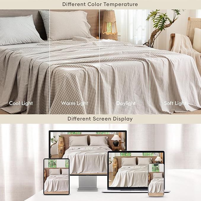 MooMee Gingham Sheet Set 100% Washed Cotton Linen Like Textured Breathable Soft w/Fully Elasticized 16-19" Deep Pocket (Mini Gingham Tannish Linen Grey, Queen)