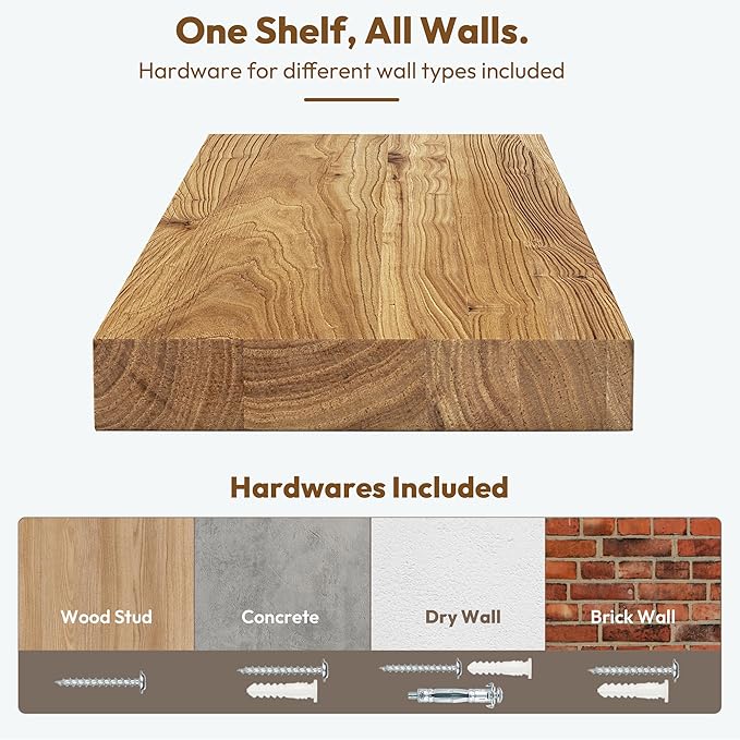 Vivelove Elm Wood Floating Shelves, Wooden Shelves for Wall with Invisible Bracket for Living Room Bedroom Bathroom Office Book, Rustic Farmhouse Display Shelf, 48 Inch Set of 1- Natural