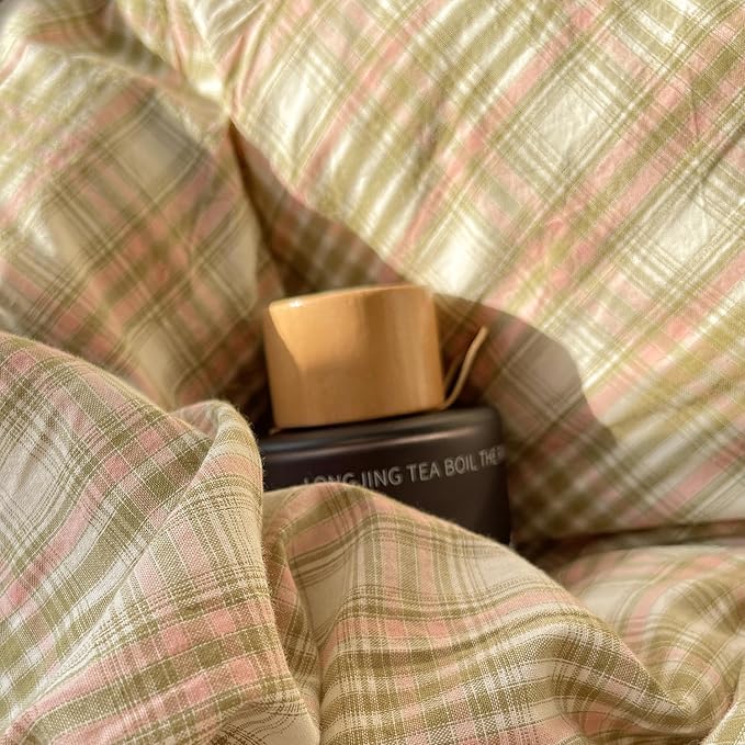 mixinni Queen Duvet Cover Set - 3 Piece Washed Cotton Vintage Geometric Plaid Bedding Set with Zipper Closure, Soft & Breathable Green Pink White Buffalo Check Pattern for All Seasons