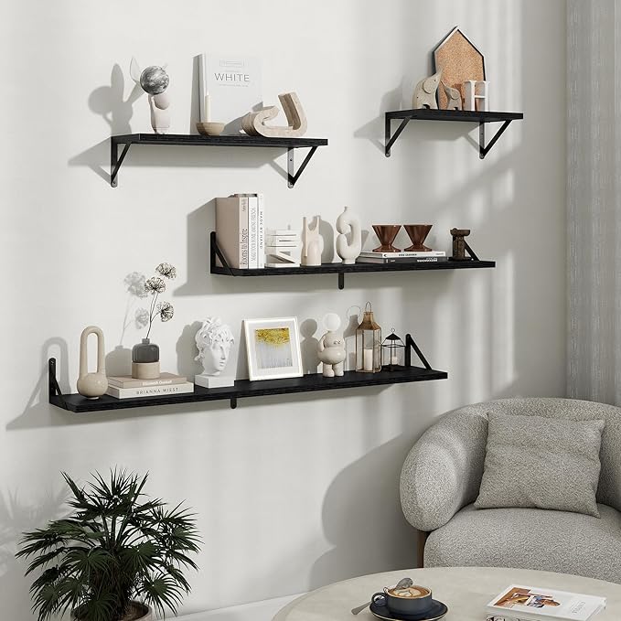 Floating Shelves, 8 Inch Deep Rustic Wood Wall Storage, 48W x 8D Wall Shelves Set of 2, Heavy Duty Metal Brackets, Industrial Book Shelf for Living Room, Kitchen, Bathroom, Bedroom, Black