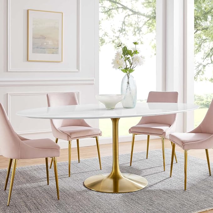 Modway Lippa 78" Oval-Shaped Mid-Century Modern Dining Table with White Wood Top and Gold Base