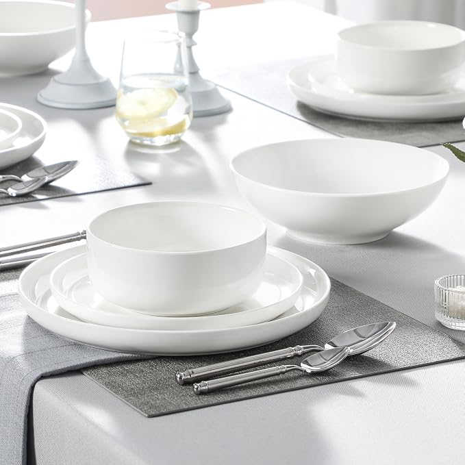 MALACASA Plates and Bowls Sets, 24 Pieces Modern Porcelain Dinnerware Set for 6 Ceramic Dishware Dishes White Kitchen Dinner Dining Ware Set Microwave and Dishwasher Safe, Series LUNA