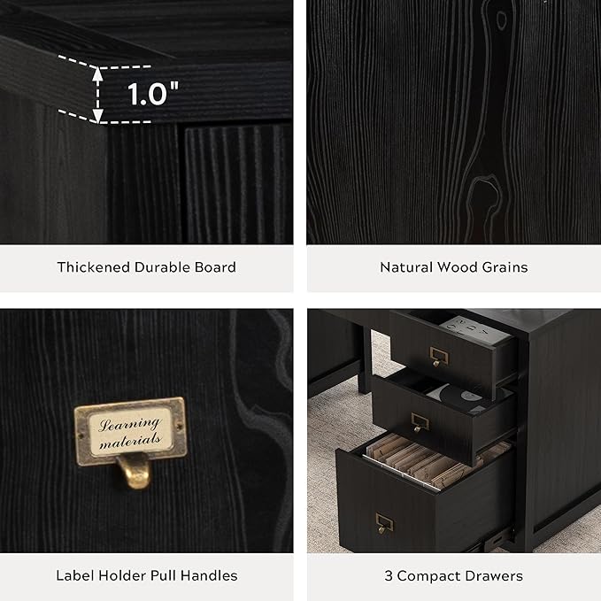 EYYTHUNG 59" Executive Desk with File Drawers Cabinet, Modern Computer Desk with Charging Station, Keyboard Tray, Large Home Office Desk, Farmhouse Wood Desk for Study, Writing, Black