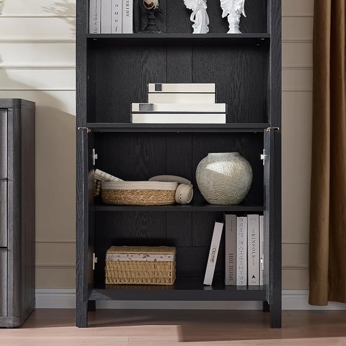 Arched Cabinet Bookshelf Bookcase - 71” Tall Mid Century Arched Display Cabinets, Rounded Bookshelf with Fluted Doors, Open Shelf Storage Cabinet for Dining Room (Black)