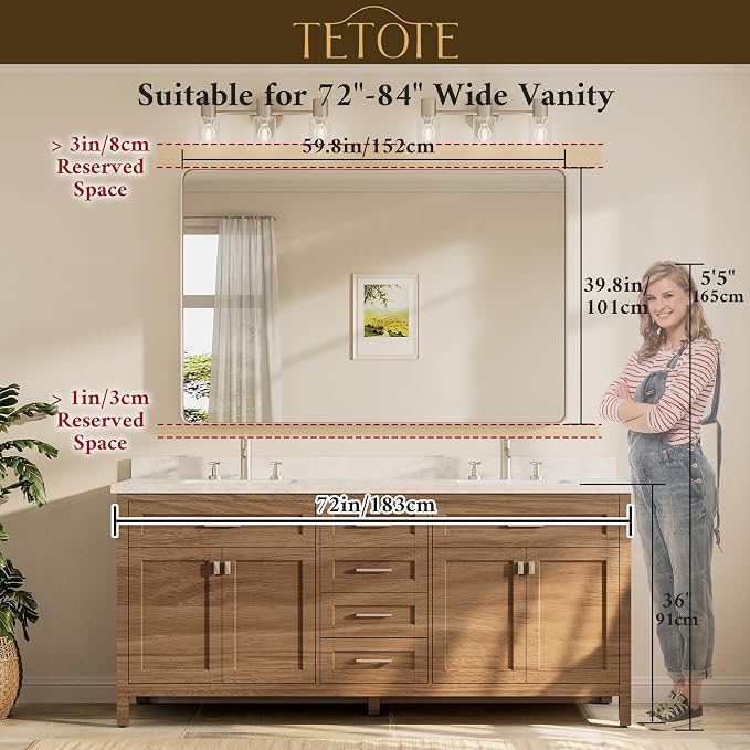 TETOTE 60 x 40 Inch Brushed Nickel Mirror for Bathroom Over Sink Metal Framed Mirror Modern Farmhouse for Living Room Entryway(Horizontal/Vertical)