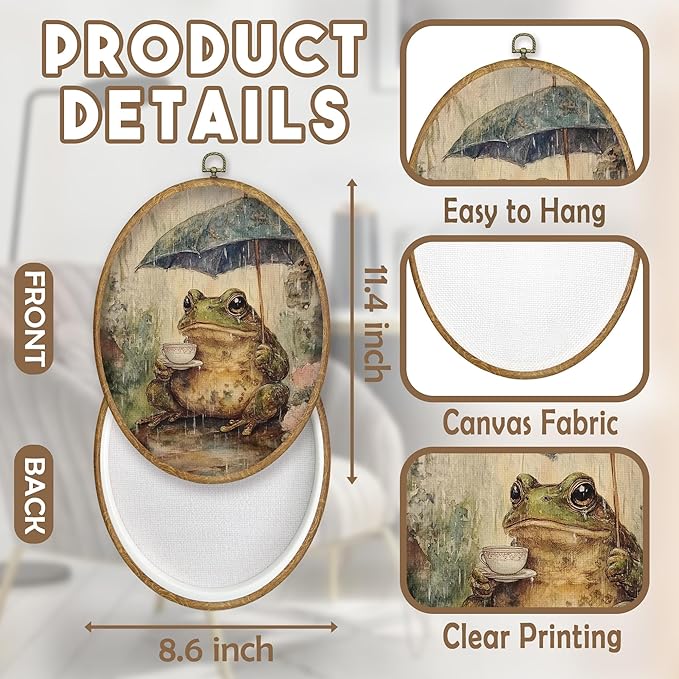 CGBHW Vintage Frog Oval Wall Art Decor, Cottagecore Farmhouse Frog Canvas Prints Framed, Whimsical Floral Botanical Rainy Day Animal Wall Art Hanging Decor for Home Bedroom Living Room, 8.6x11.4 Inch