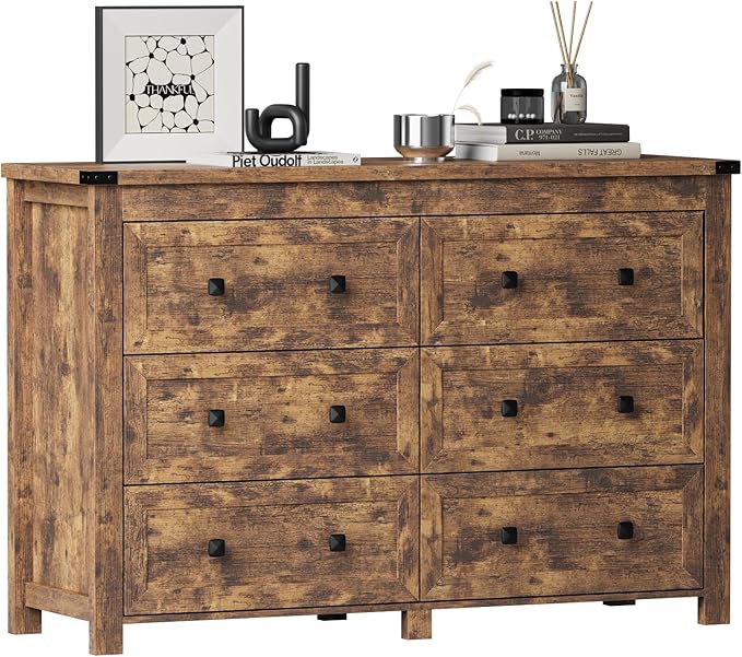 6 Drawer Dresser for Bedroom, Brown Modern Dressers & Chests of Drawers with Metal Handles, Closet Storage Dresser, Storage Cabinet and Organizer with Drawers