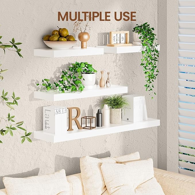 Heimlove 36 Inch Floating Shelves for Wall White Shelves Set of 2,Wall Mounted Rustic Wood 8 Inch Deep Floating Shelf with Invisible Brackets for Bedroom Kitchen Living Room