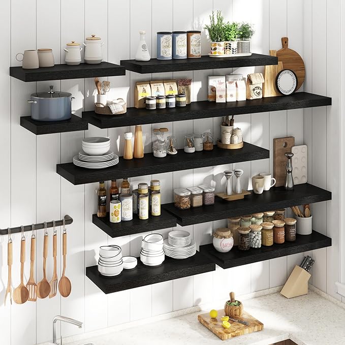 48 Inch Long Floating Shelves for Wall Set of 2, 12"D Wood Grain Bathroom Shelves with Invisible Brackets, Easy Install Engineered Wood Storage Shelves for Kitchen, Living Room, Bedroom, Black Finish
