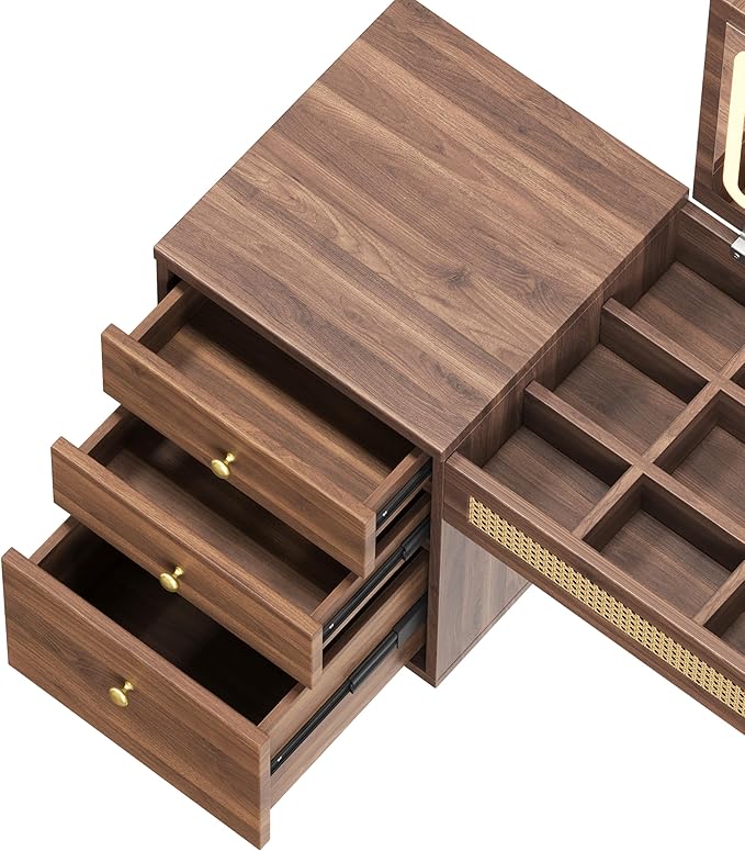 39" Wooden Makeup Vanity Set with 3 Rattan Drawer and Stool, Retro Walnut Dressing Table with Mirror and LED Lights, Vintage Bohemian Fluted Vanity for Bedroom Living Room