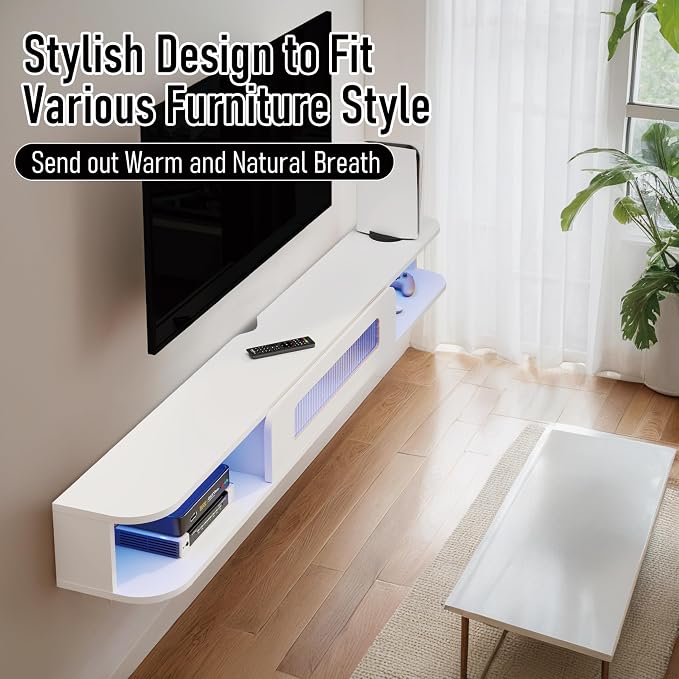 Floating TV Stand with LED Lights, 55'' Solid Wood Wall Mounted TV Cabinet with Glass Door, Mid-Century Entertainment Media Console Center Large Storage Shelf Under TV (55.11IN, White)