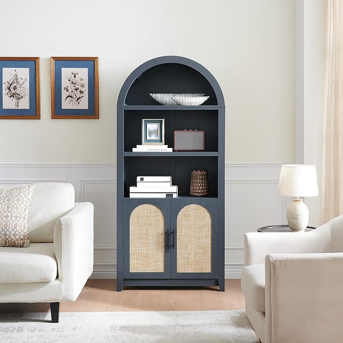 RowyPoey Rattan Arched Cabinet Bookshelf - 69.3” Tall Mid Century Display Cabinet, Rounded Bookcase with Rattan Doors, Open Shelf Storage for Dining Room (Blue, 1 PC)