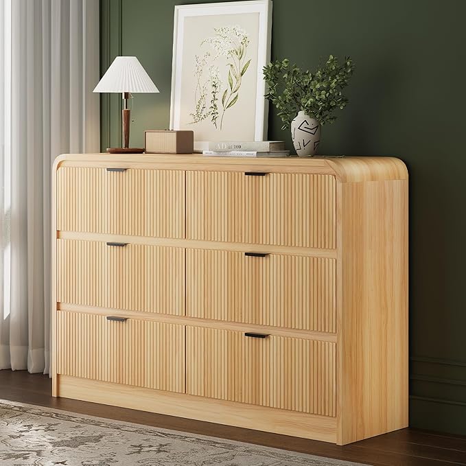 FURSUN 54" Wide Fluted 6 Drawer Dresser, Large Storage Wooden Dresser with Curved Profile & Metal Handles, Modern Chest of Drawers for Bedroom, Living Room, Natural Oak