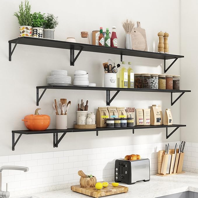 Floating Shelves for Wall Decor,24" Wx8 D Wall Mount Floating Bookshelf Set of 2,Hanging Storage Shelf with Sturdy Metal Brackets,Wooden Shelf for Living Room,Bedroom,Bathroom,Black
