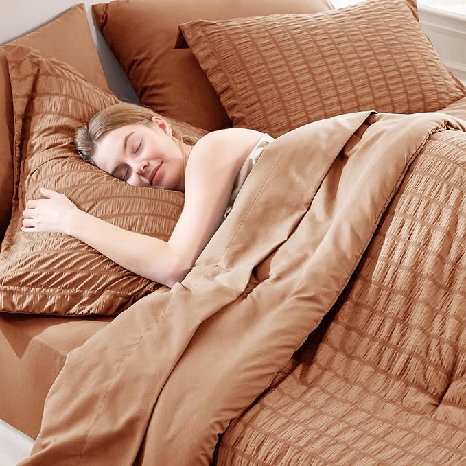 CozyLux King Size Comforter Set Pumpkin, 7 Pieces Seersucker Textured Luxury Bed in a Bag, All Seasons Soft Bedding Sets with Down Alternative Comforter, Sheets, Pillowcases & Shams, Home Gift