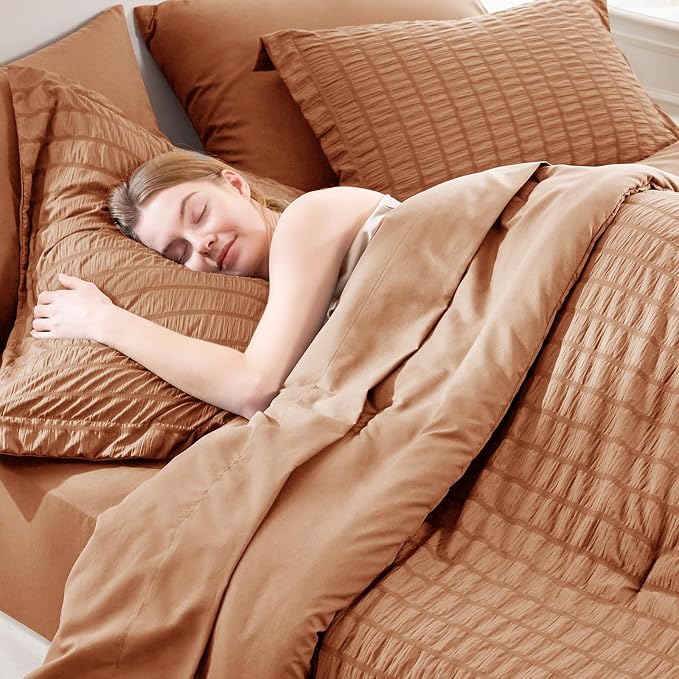 CozyLux Full Size Comforter Sets Pumpkin, 7 Pieces Seersucker Textured Luxury Bed in a Bag, All Seasons Soft Bedding Sets with Down Alternative Comforter, Sheets, Pillowcases & Shams, Home Gift