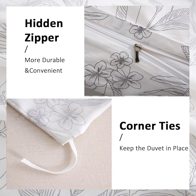 100% Cotton Floral Duvet Cover Set Queen Size Ultra Soft Breathable Grey Floral and Leaf Comforter Cover Set 3 Pcs All Season Cozy Floral Bed Cover with Zipper Closure
