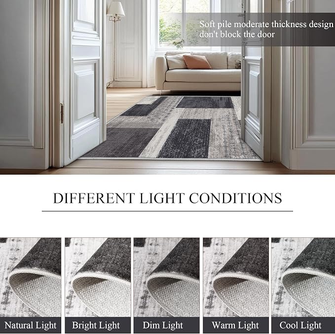 Modern Geometric Patchwork Indoor Area Rug for Living Room, Charcoal 8'x 10' Large Rug Rockwood Collection Hardwood Floors Decor for Bedroom, Grey Throw Carpet for Office Entryway Dining Room